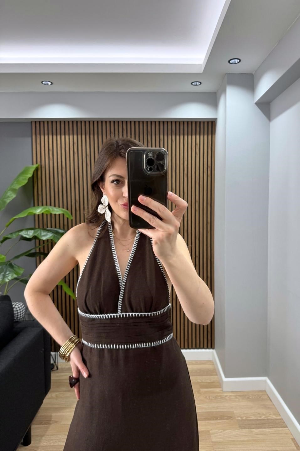 Nakış Detaylı Premium Bohem Elbise Kahverengi