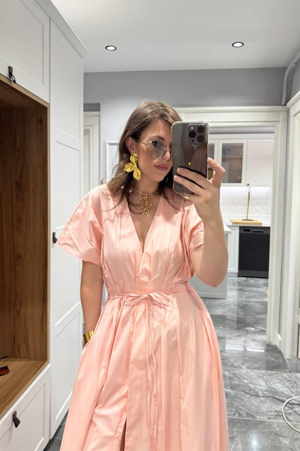 Önü Düğmeli V Yaka Pensli Gömlek Elbise Pembe