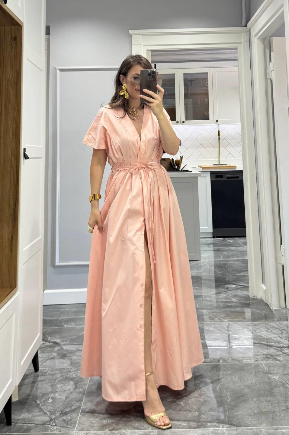 Önü Düğmeli V Yaka Pensli Gömlek Elbise Pembe