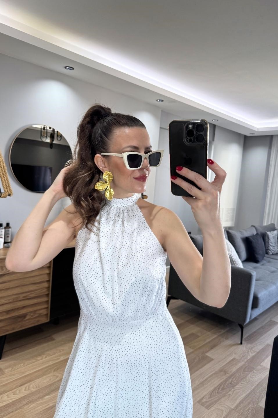 Polaire Kemerli Şifon Maxi Elbise Ekru