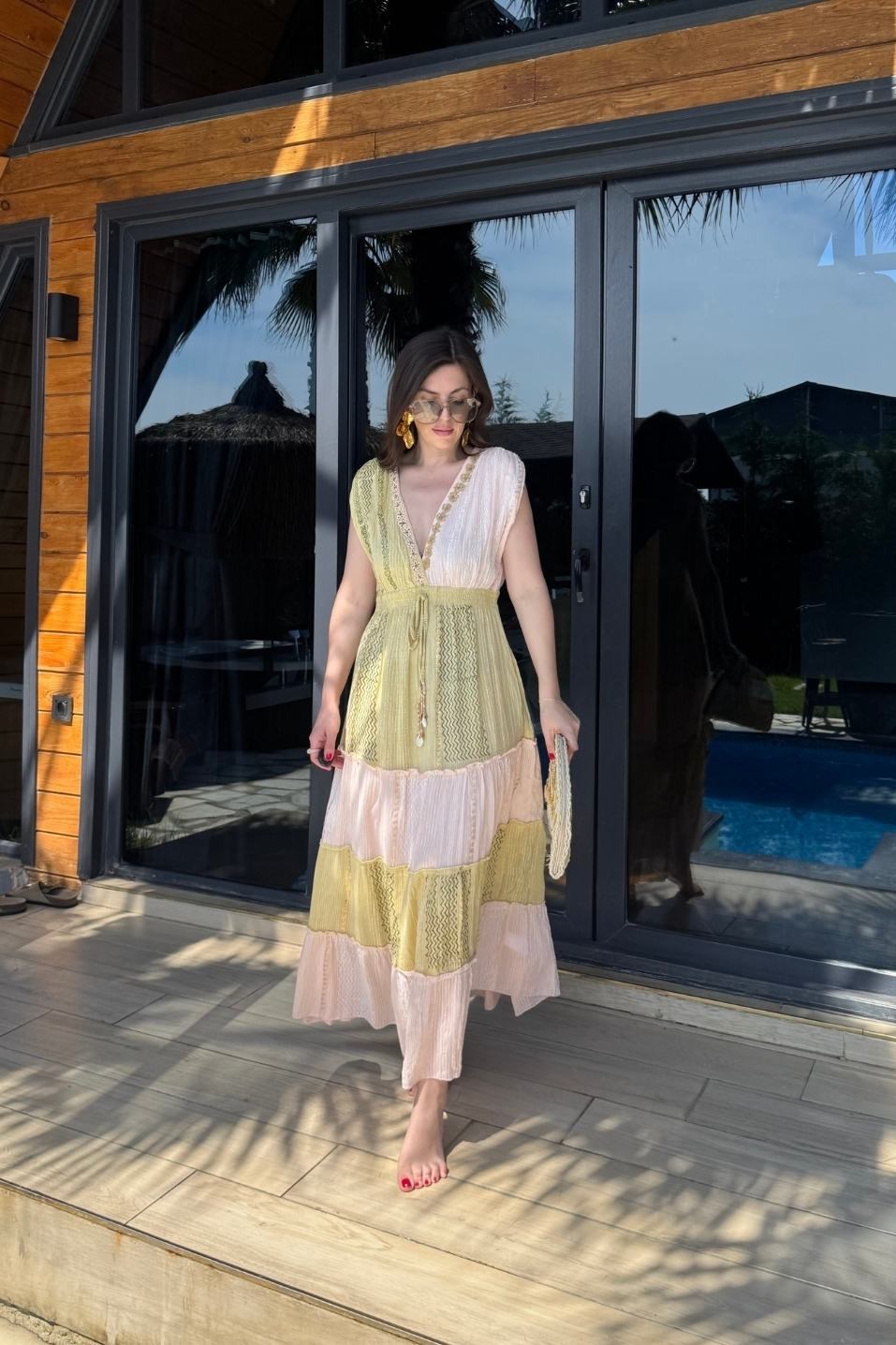 Rosalie Boncuk İşlemeli Bohem Maxi Elbise Multi Color