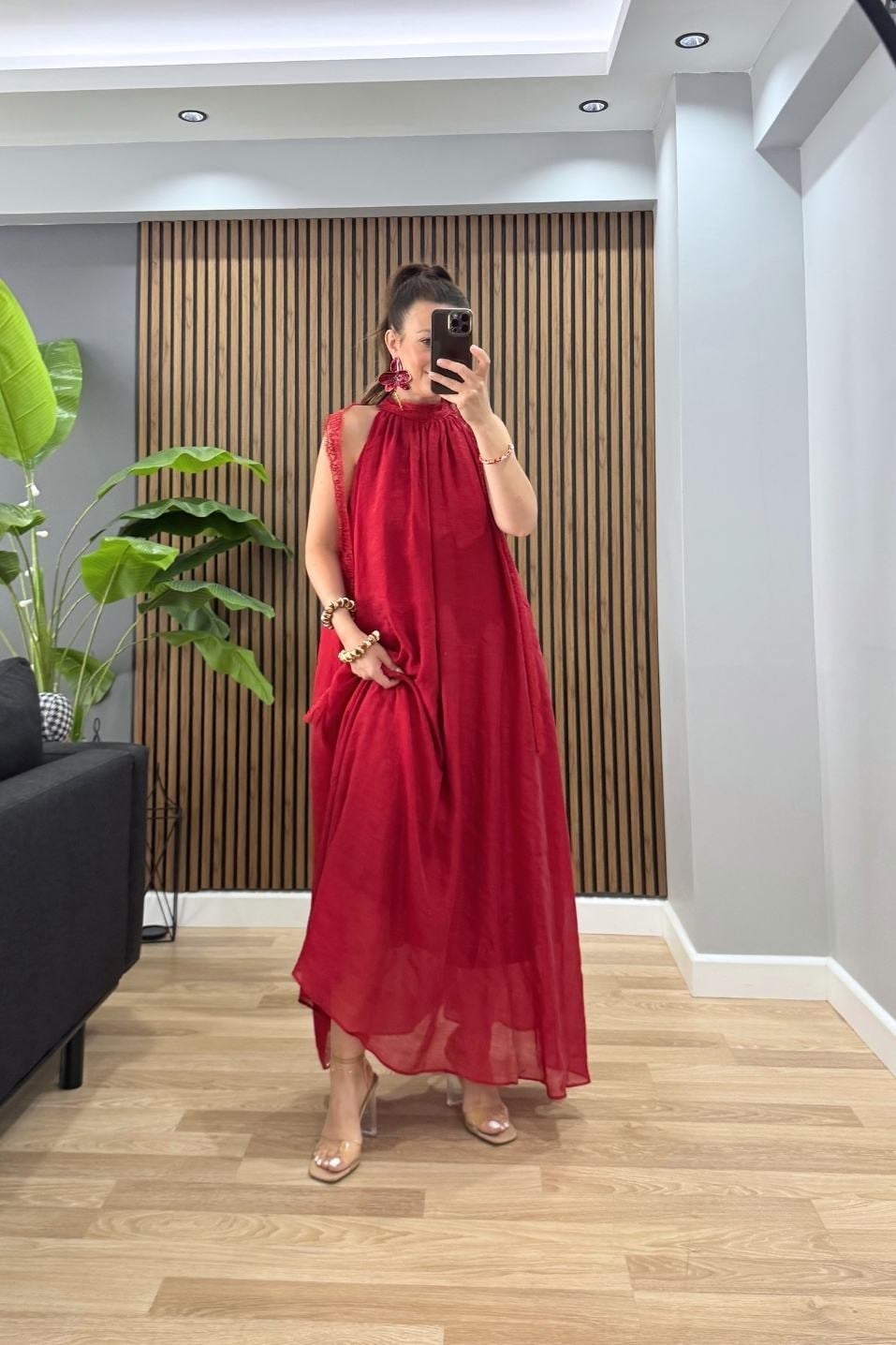 Rosien Dantel Yaka Maxi Elbise Kırmızı