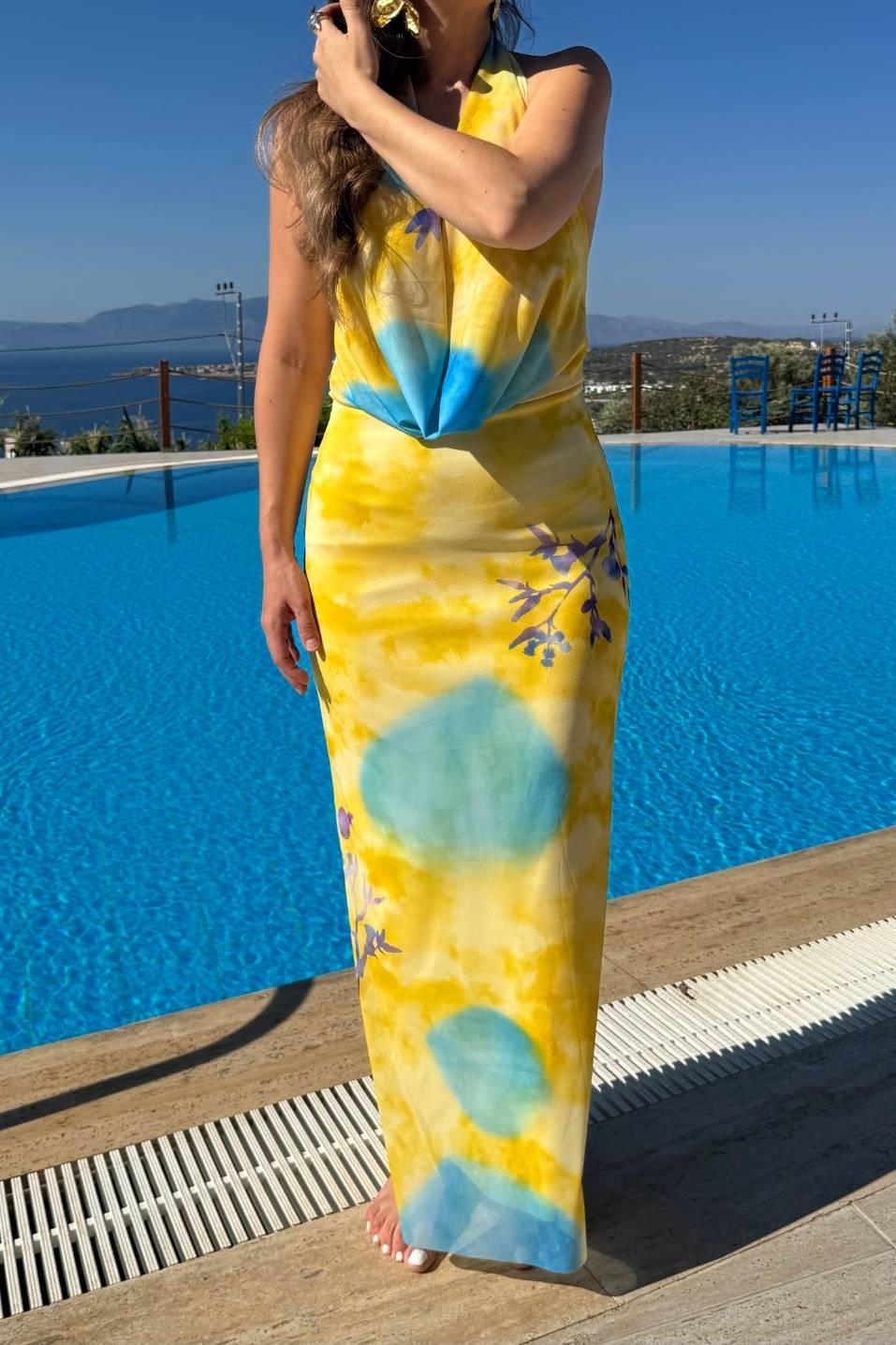 Solara Drapeli Dekolteli Elbise Sarı
