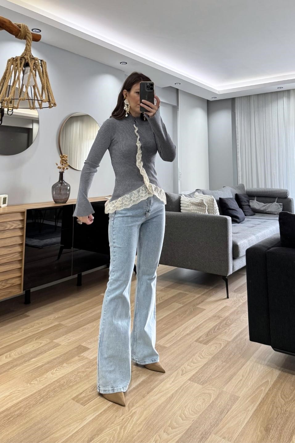 Dantelli Triko Hırka Gri