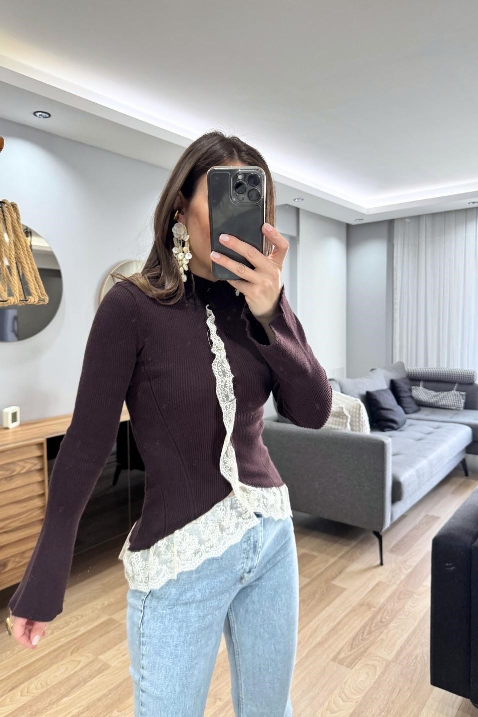 Dantelli Triko Hırka Kahverengi