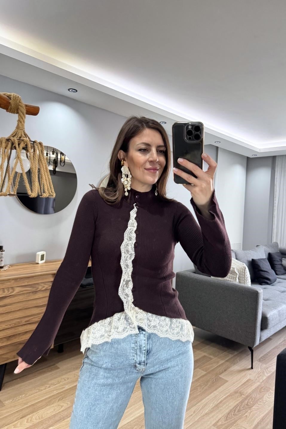 Dantelli Triko Hırka Kahverengi