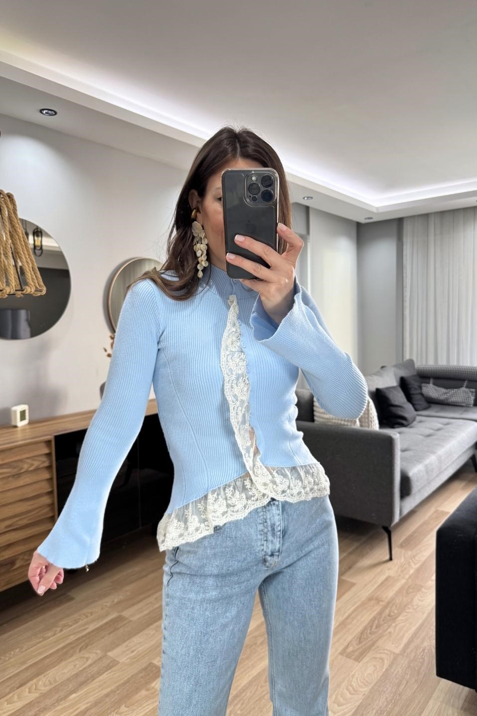 Dantelli Triko Hırka Mavi