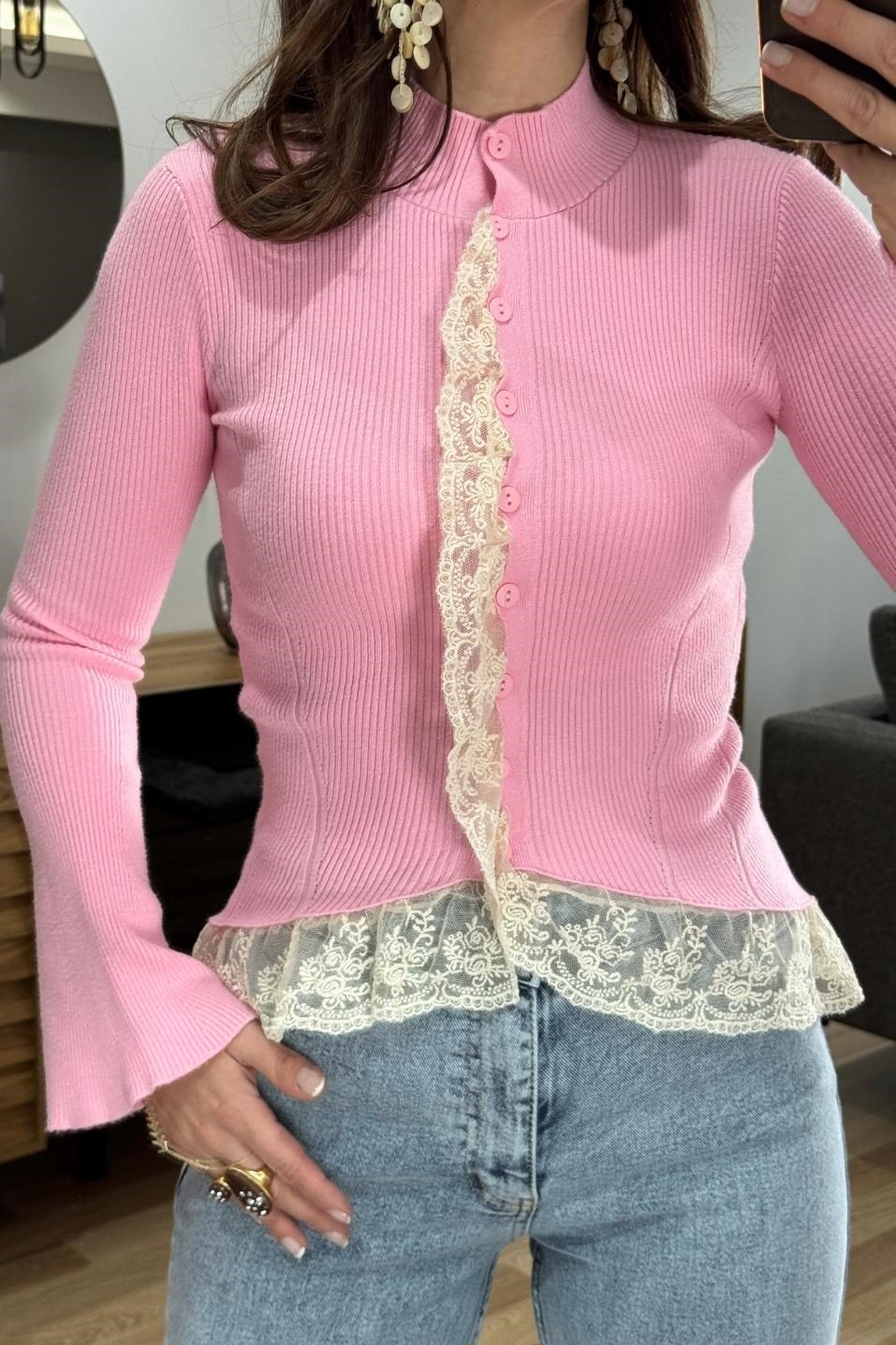 Dantelli Triko Hırka Pembe