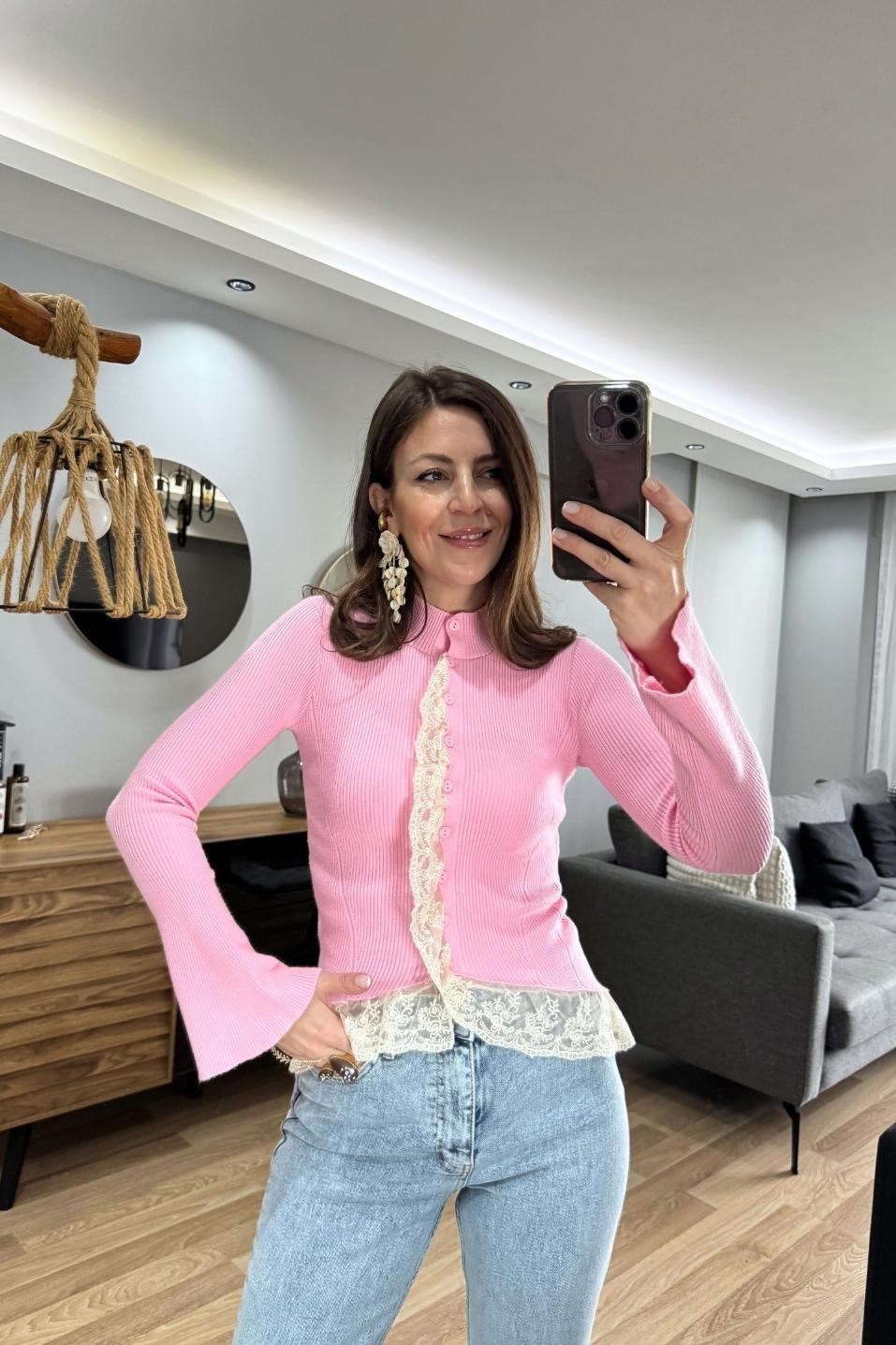 Dantelli Triko Hırka Pembe