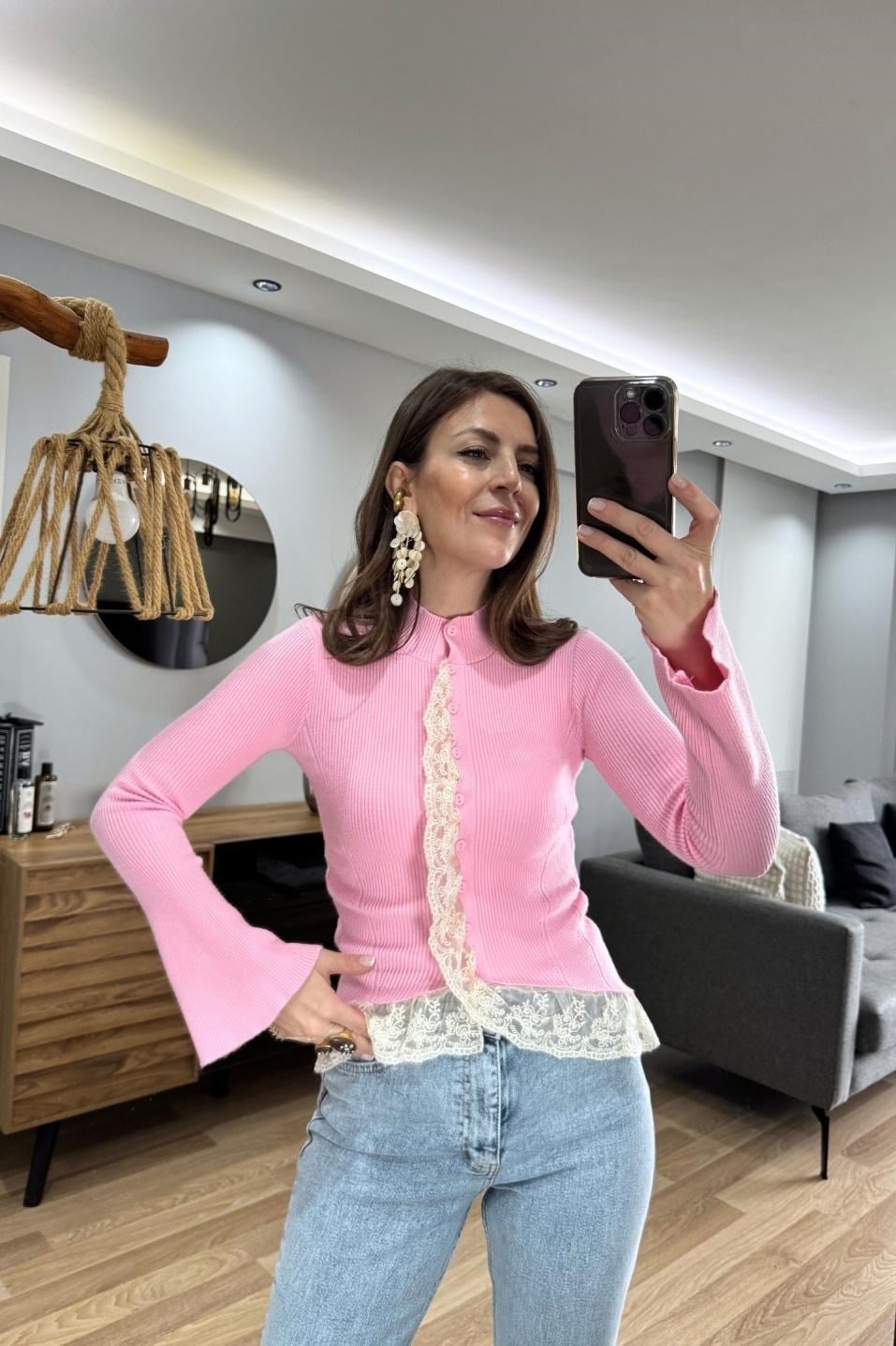 Dantelli Triko Hırka Pembe