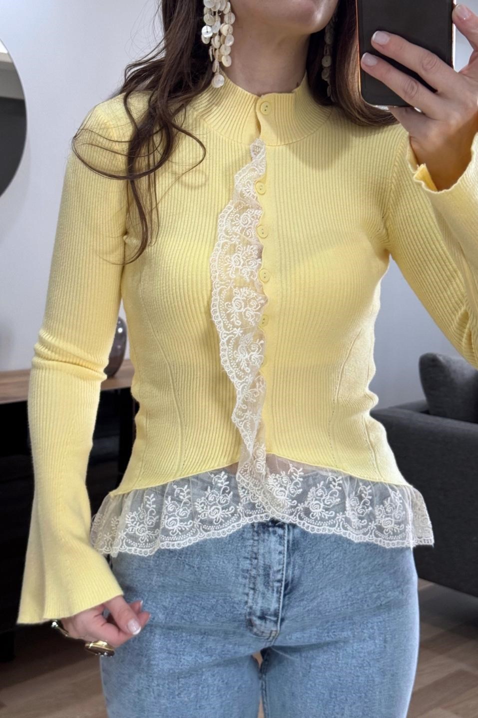 Dantelli Triko Hırka Sarı