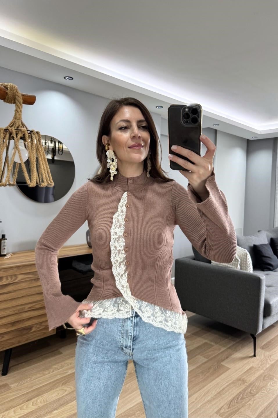 Dantelli Triko Hırka Vizon