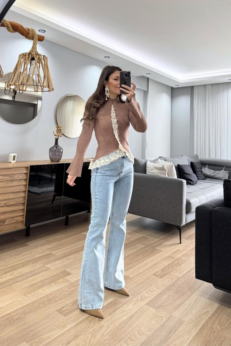 Dantelli Triko Hırka Vizon
