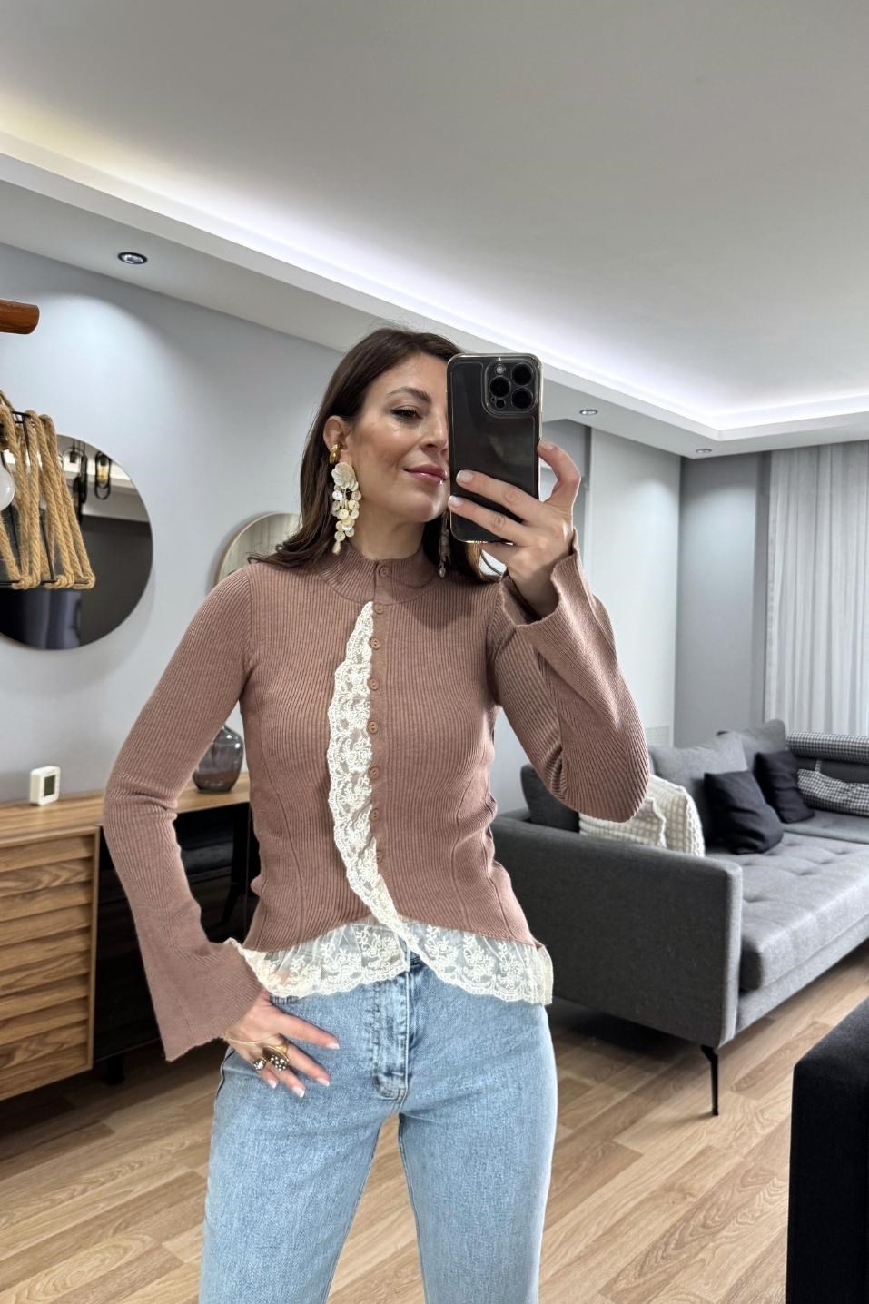 Dantelli Triko Hırka Vizon