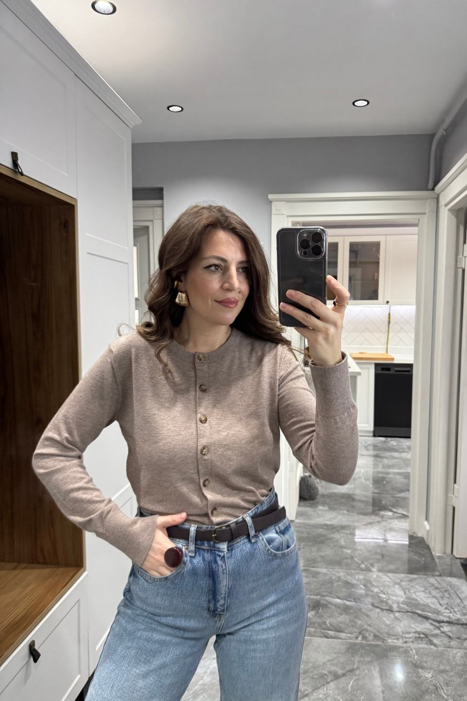Düğmeli Premium Hırka Bej
