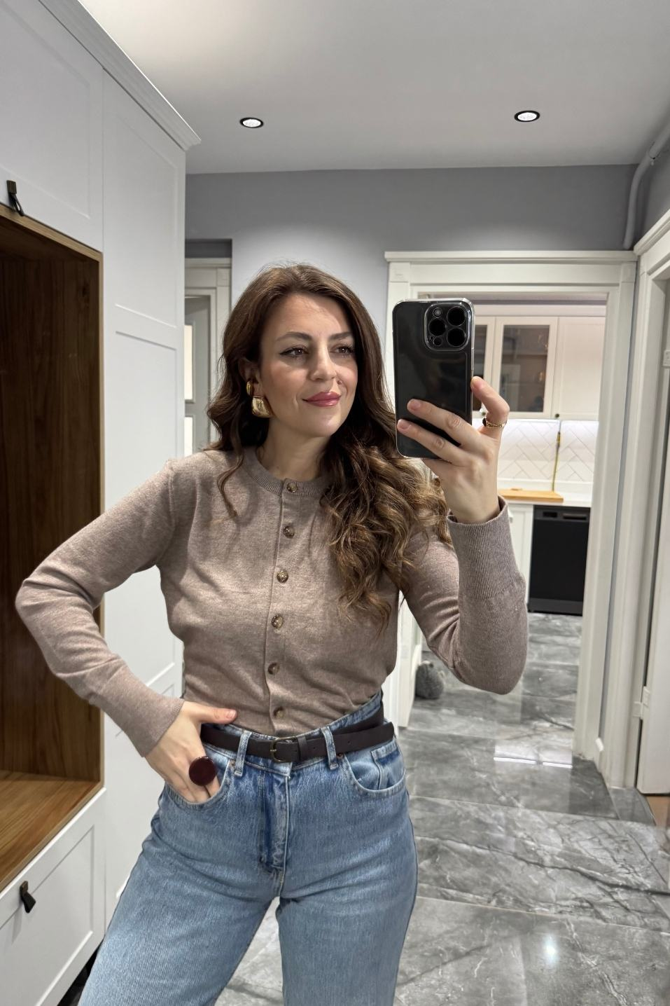 Düğmeli Premium Hırka Bej