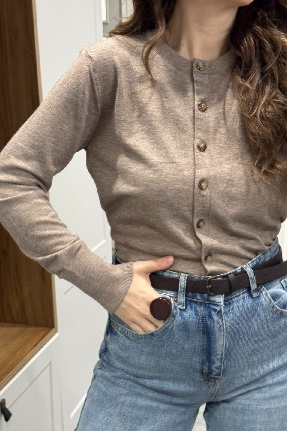 Düğmeli Premium Hırka Bej