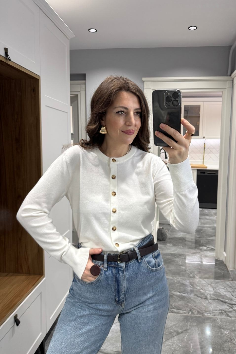 Düğmeli Premium Hırka Ekru