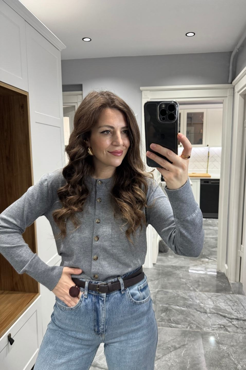 Düğmeli Premium Hırka Gri