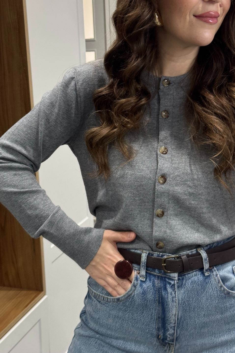 Düğmeli Premium Hırka Gri