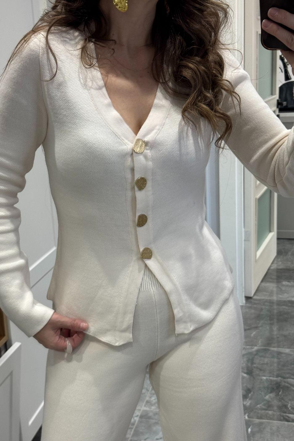 Gold Düğmeli Triko Hırka Krem