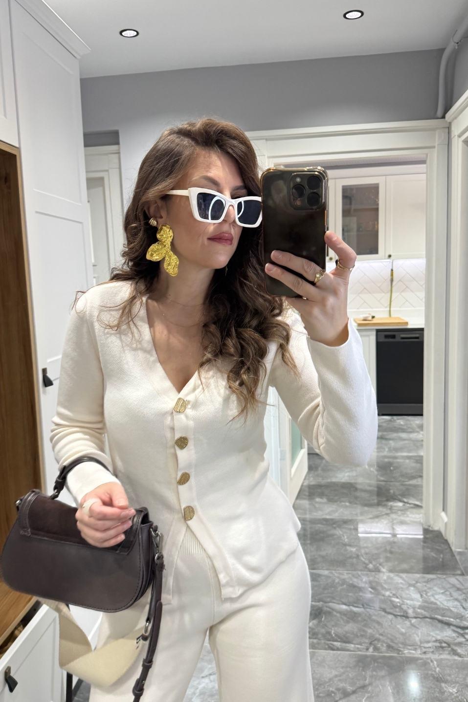 Gold Düğmeli Triko Hırka Krem