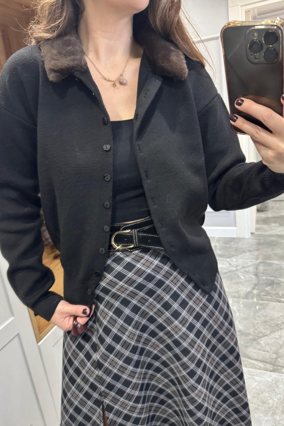 Kürk Yakalı Triko Hırka Siyah
