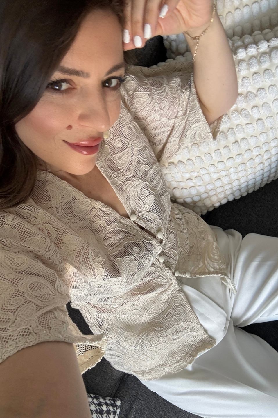 Serena Pullu Örme Dantel Hırka Bej