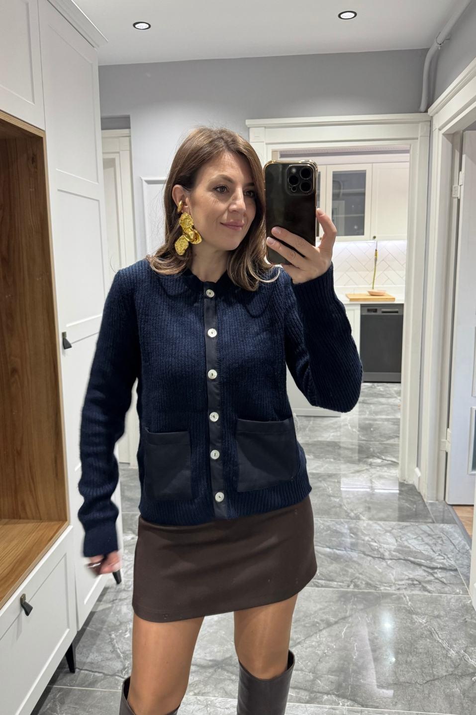 Triko Cepleri Kumaş Detaylı Hırka Lacivert