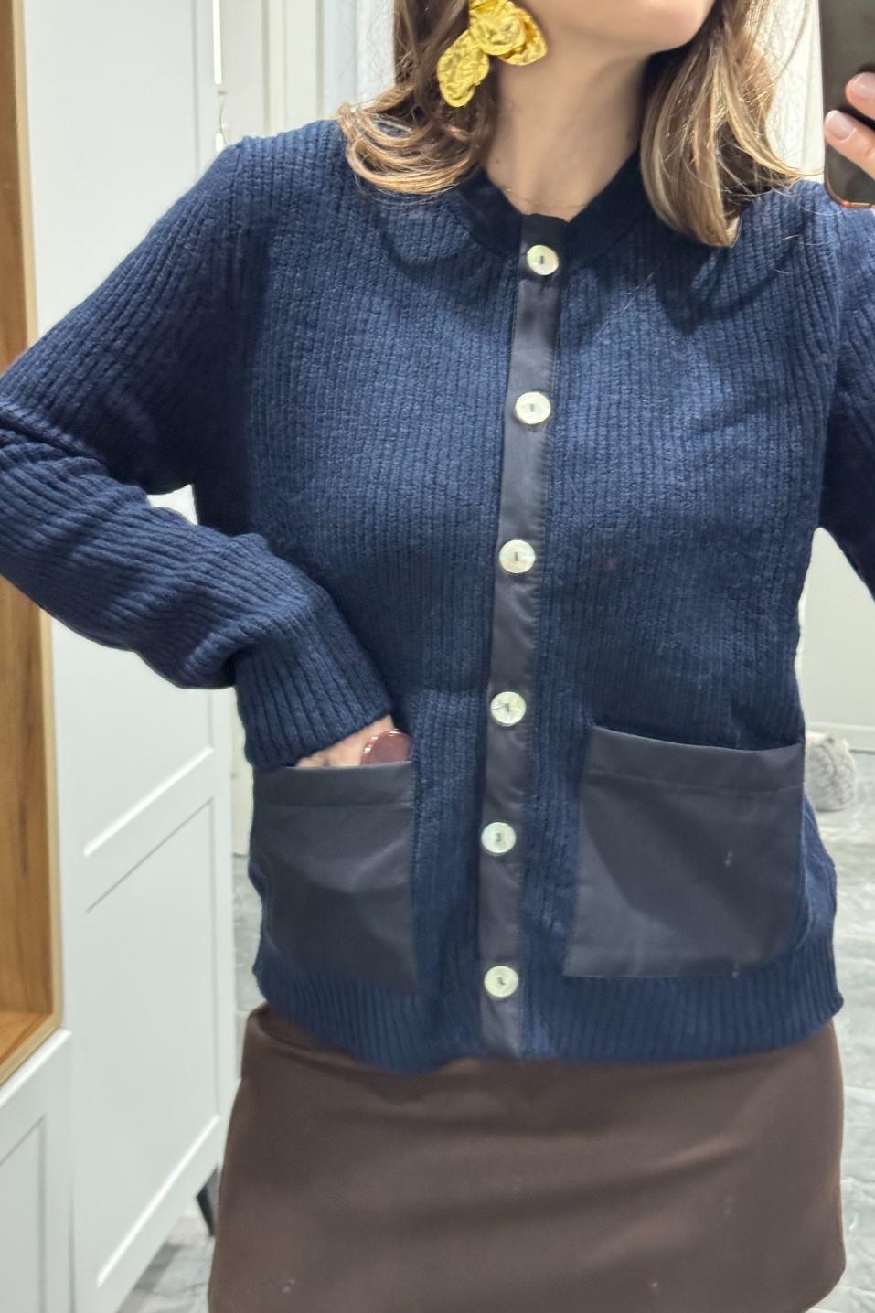 Triko Cepleri Kumaş Detaylı Hırka Lacivert