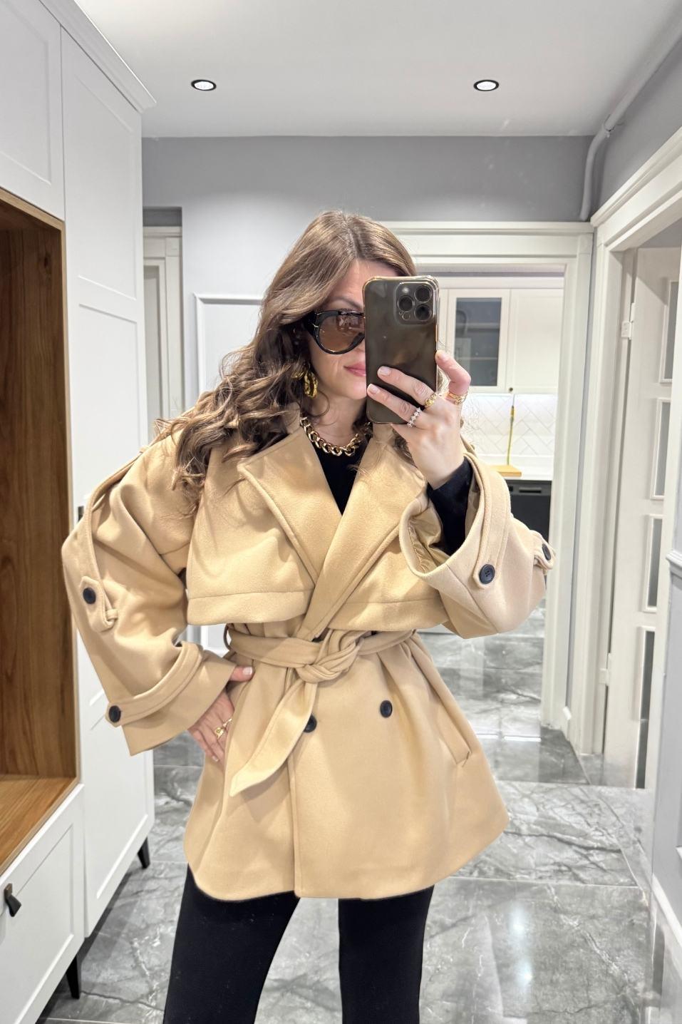 Premium Trenç Model Kaşe Kaban Camel