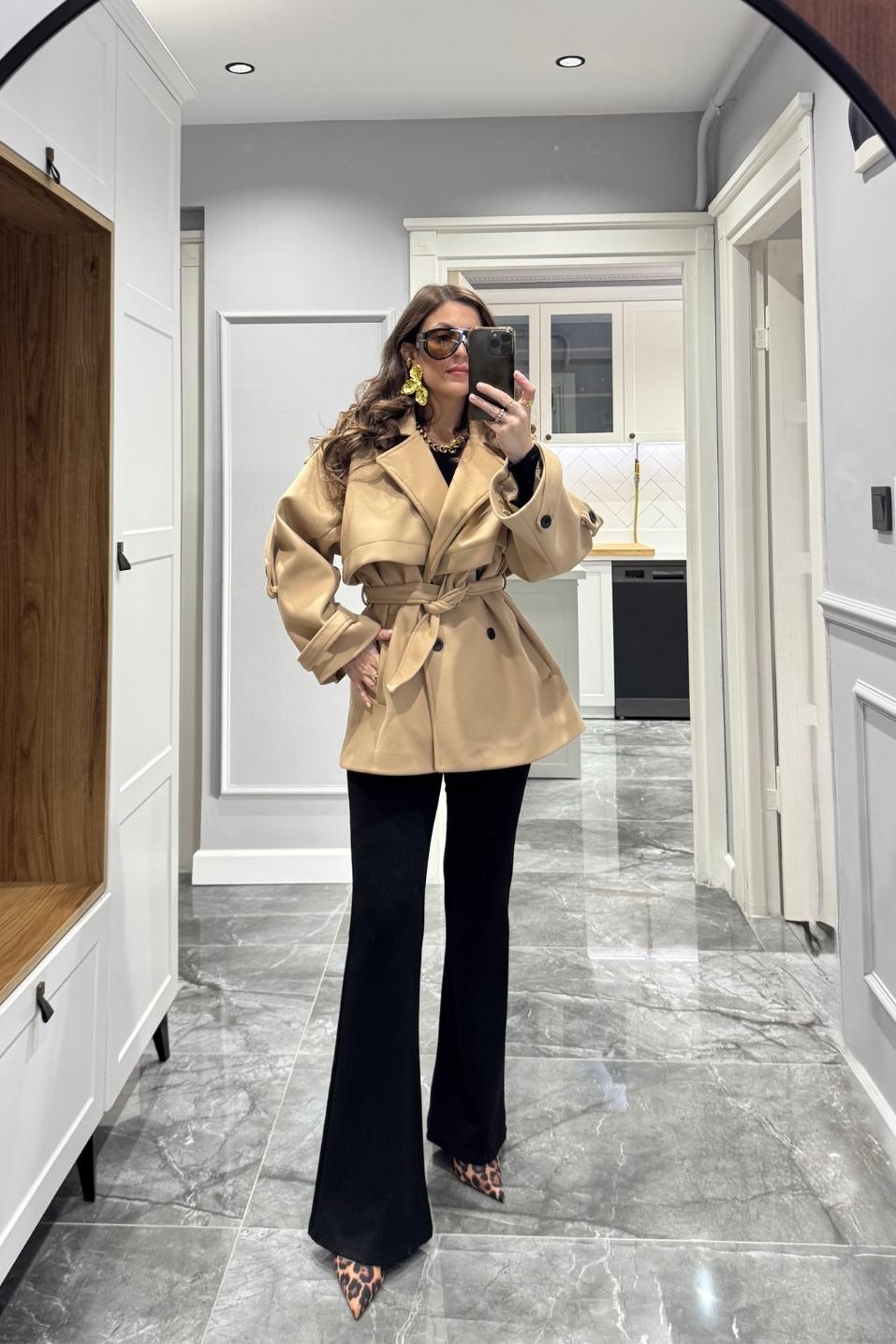Premium Trenç Model Kaşe Kaban Camel