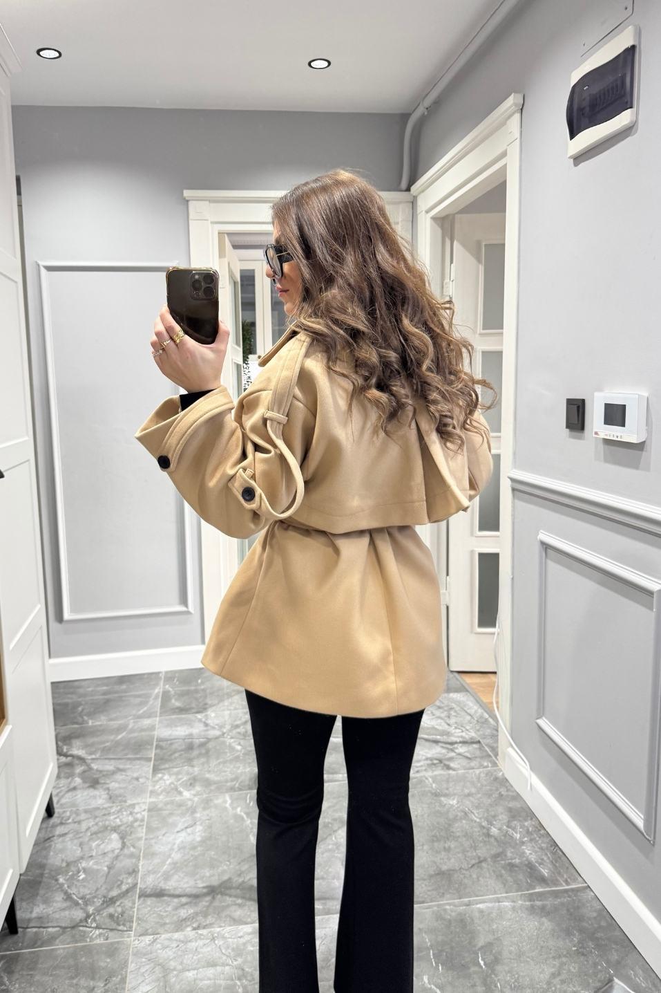 Premium Trenç Model Kaşe Kaban Camel