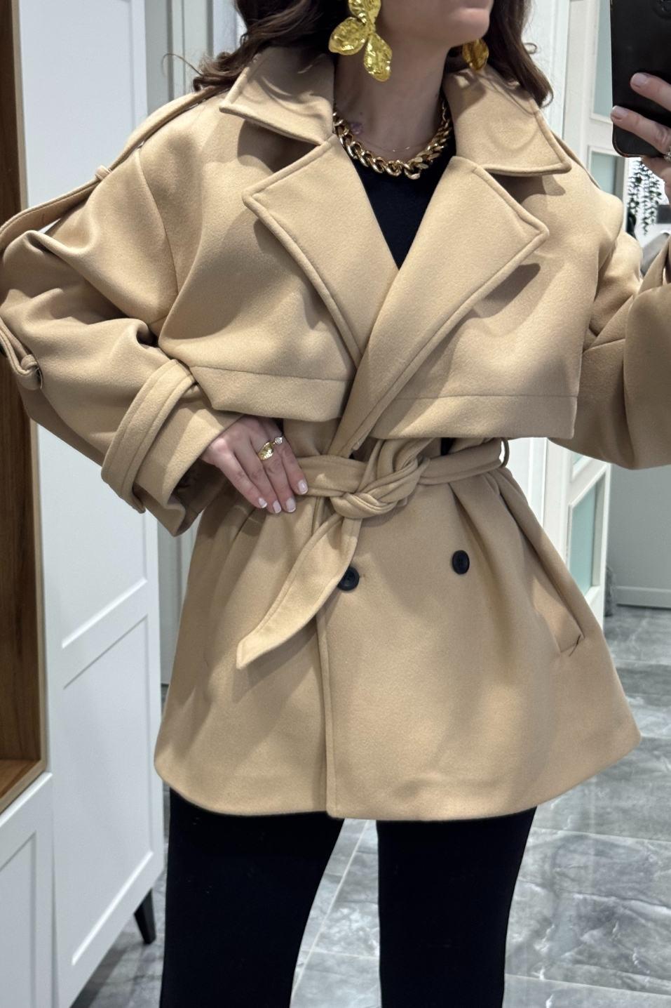 Premium Trenç Model Kaşe Kaban Camel