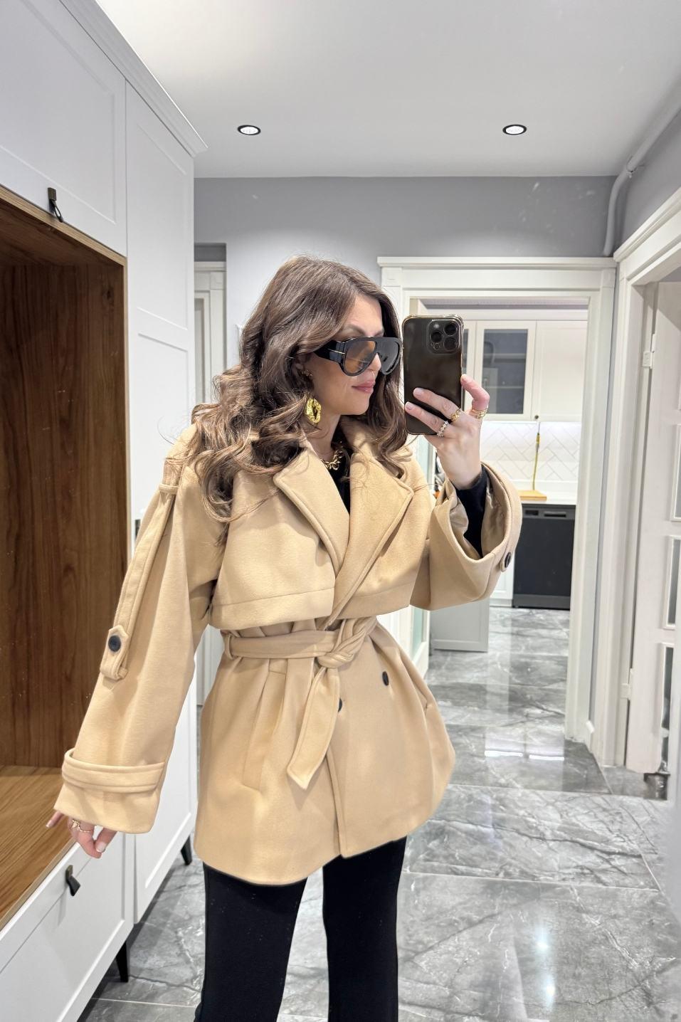 Premium Trenç Model Kaşe Kaban Camel