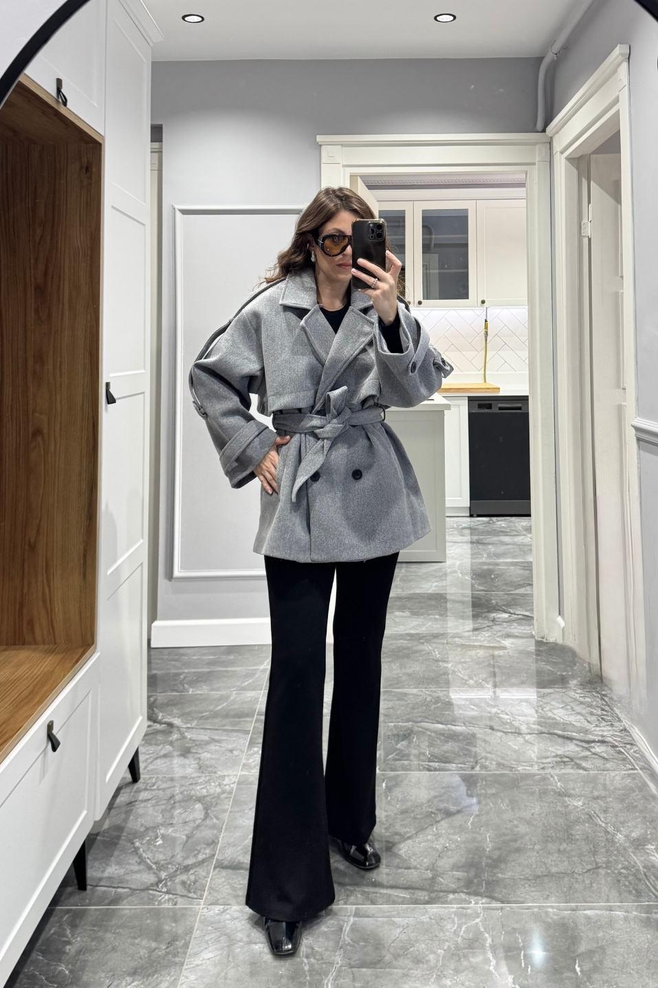 Premium Trenç Model Kaşe Kaban Gri