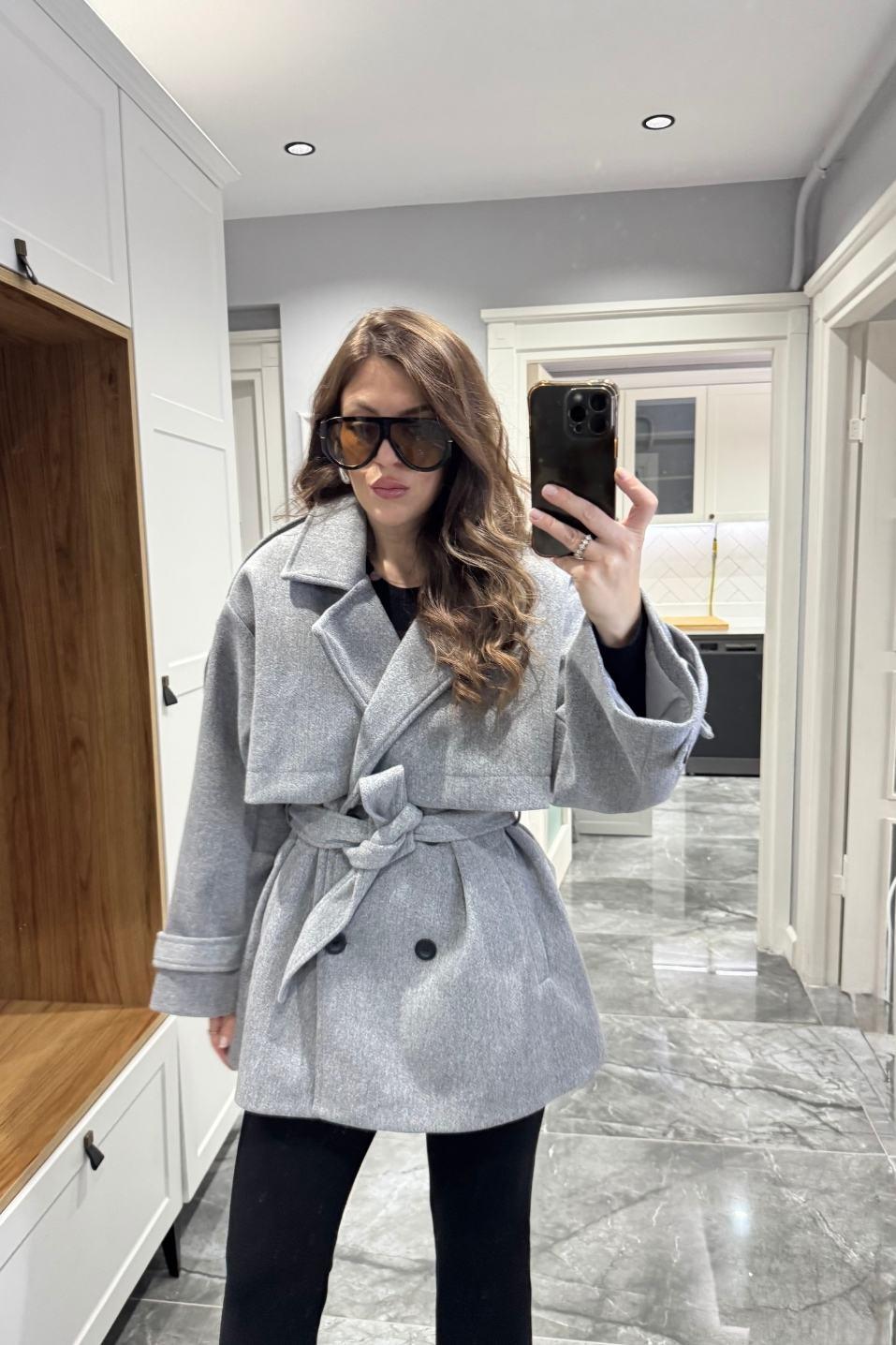 Premium Trenç Model Kaşe Kaban Gri