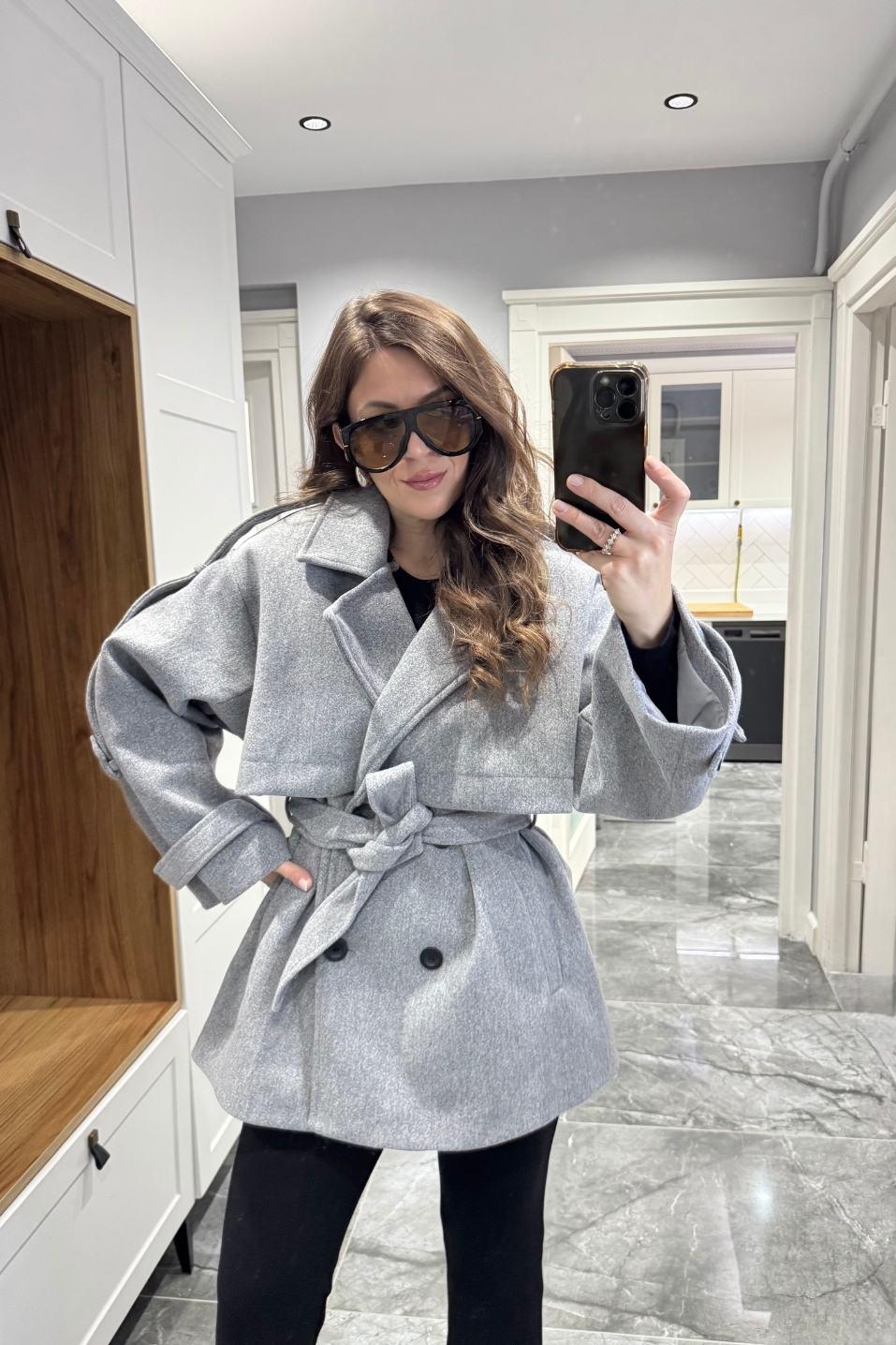 Premium Trenç Model Kaşe Kaban Gri