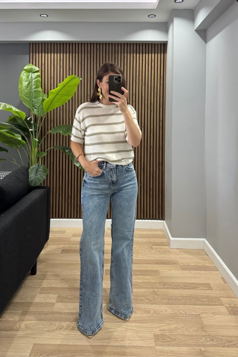 Çizgili Triko Ekru-Yeşil