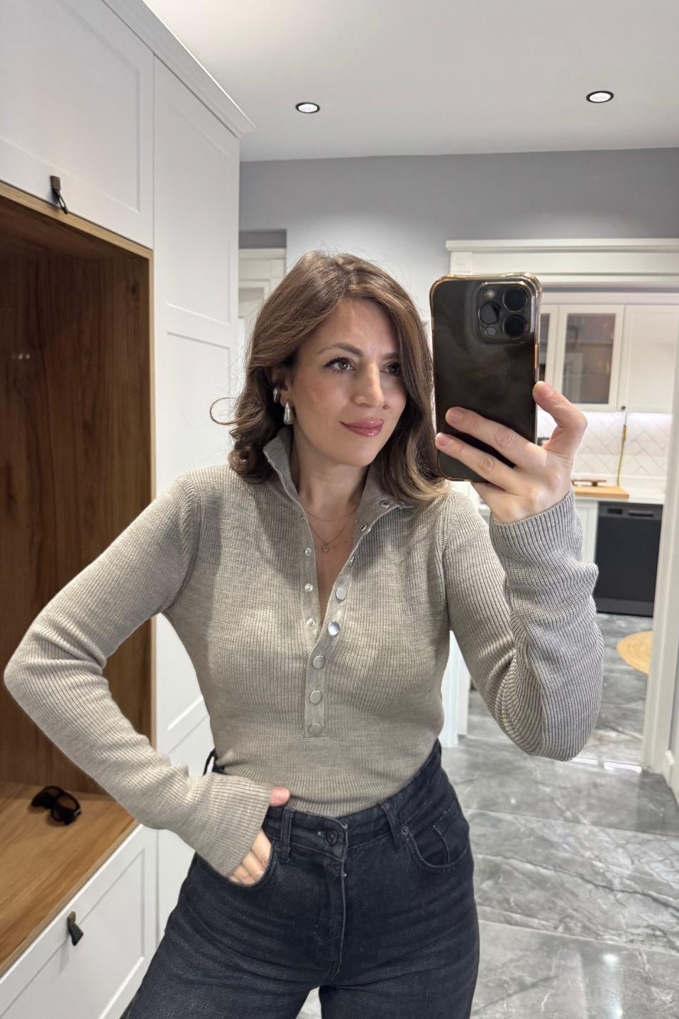 Elegance Knit Çıtçıtlı Kazak Vizon