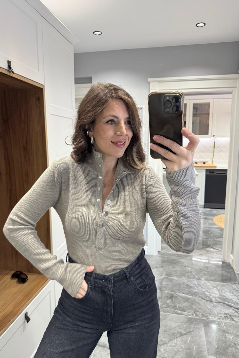 Elegance Knit Çıtçıtlı Kazak Vizon