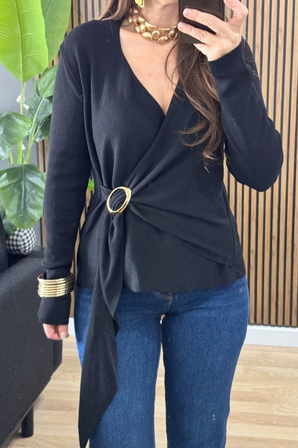 Livia Halka Toka Detaylı Triko Bluz Siyah