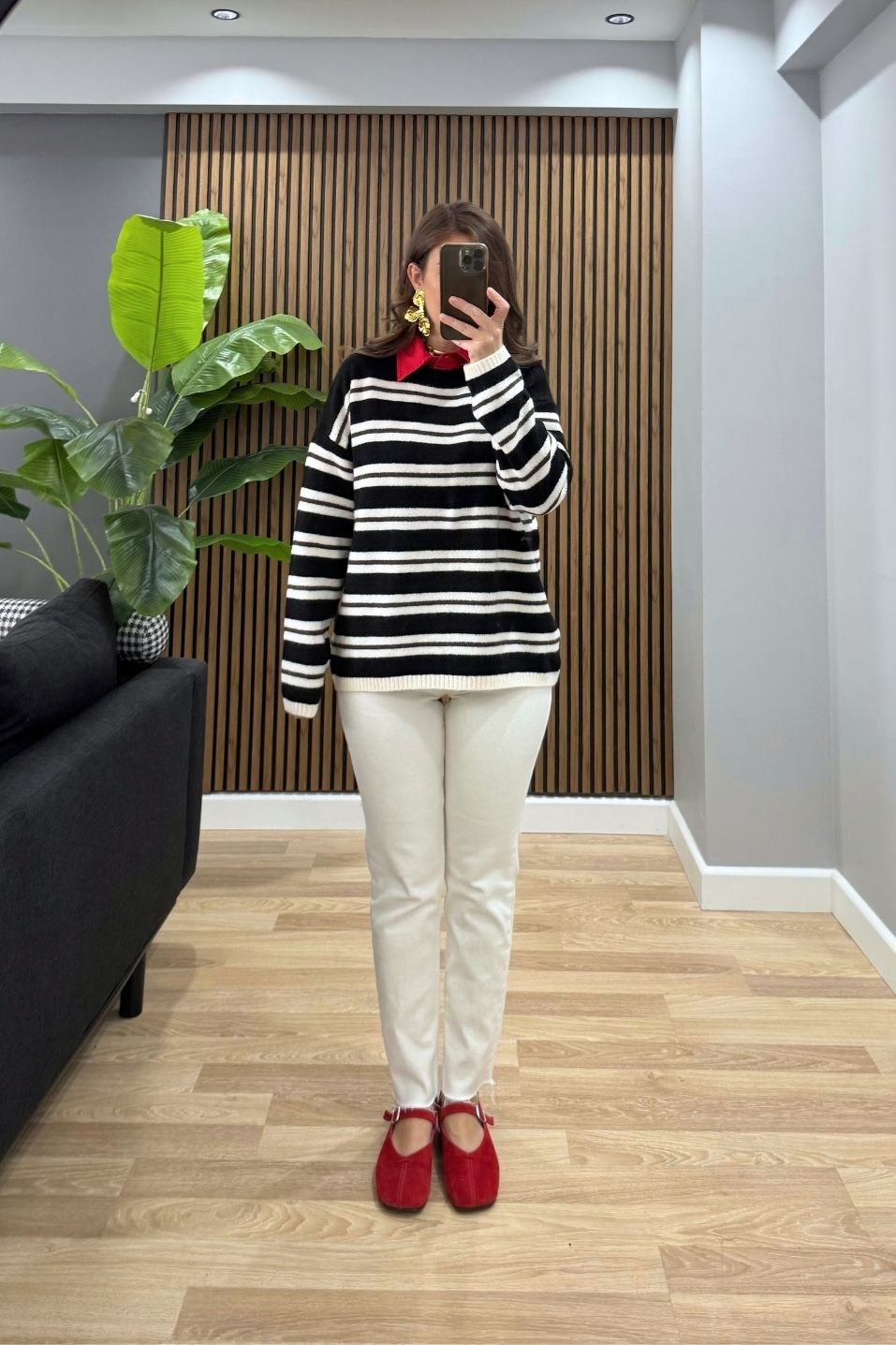 Mila Çizgili Oversize Triko Kazak Siyah-Krem