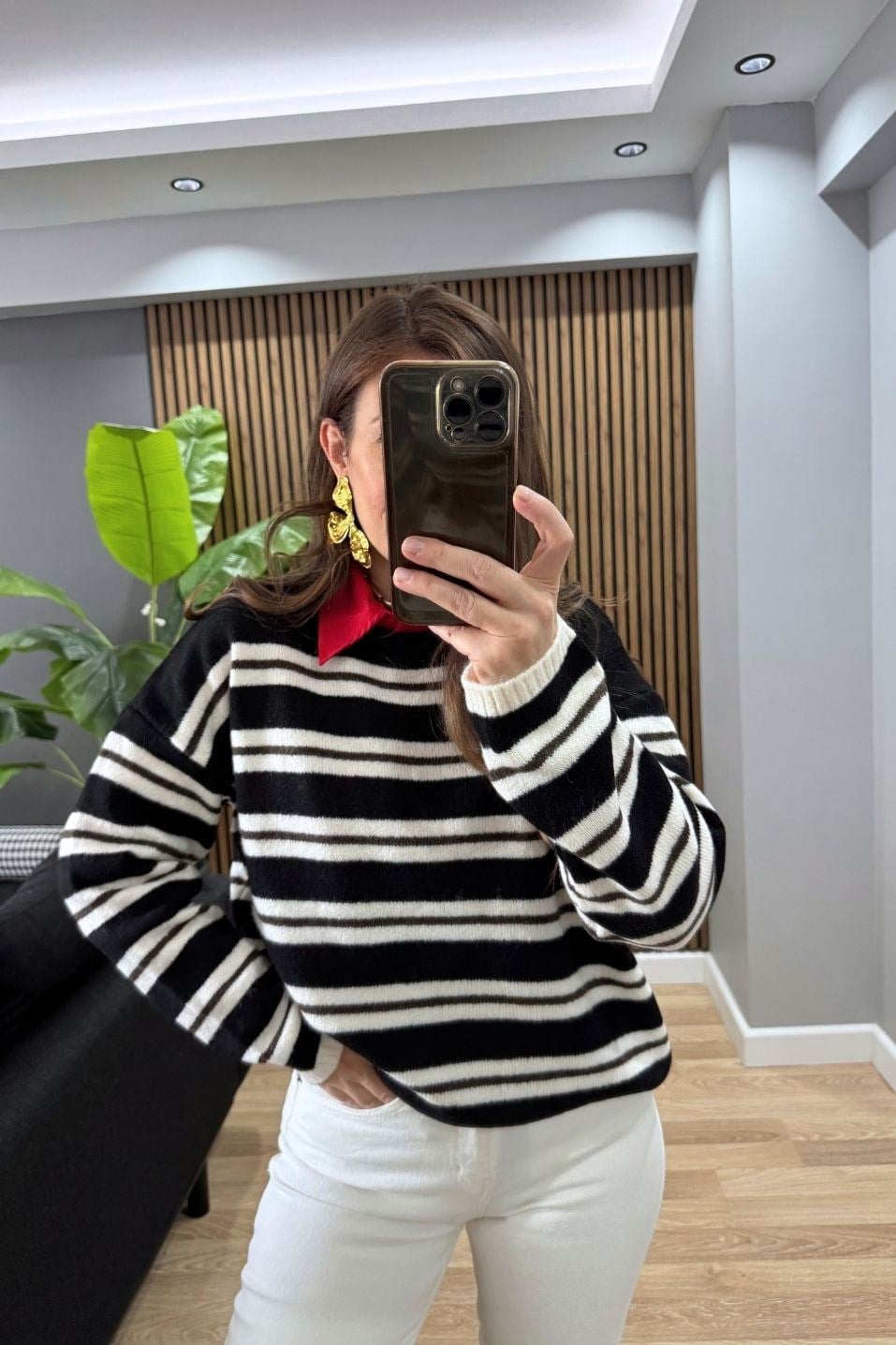 Mila Çizgili Oversize Triko Kazak Siyah-Krem