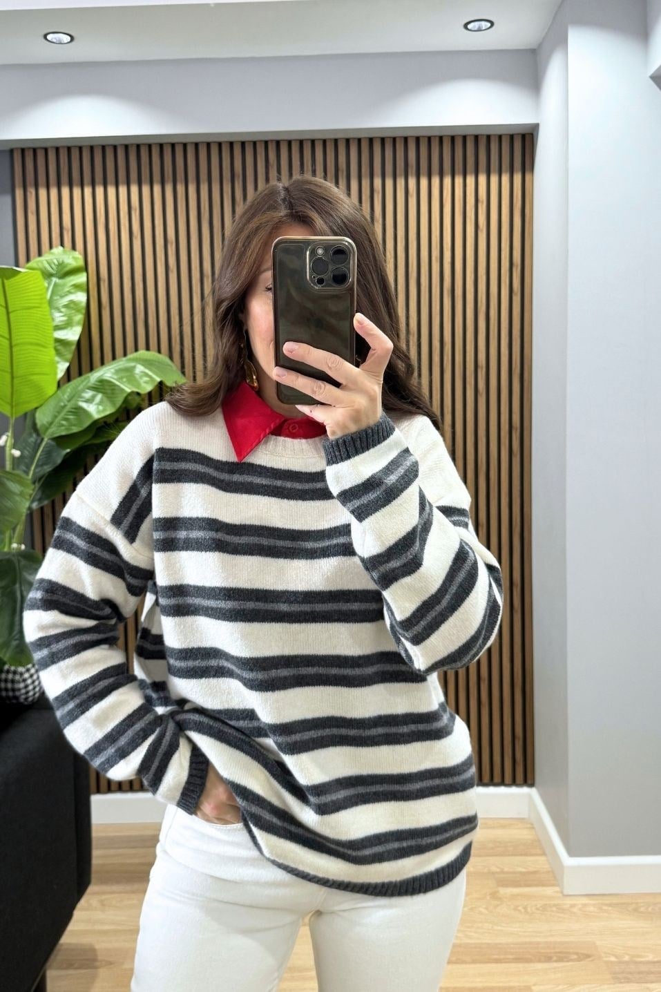 Mila Çizgili Oversize Triko Kazak Krem-Antrasit