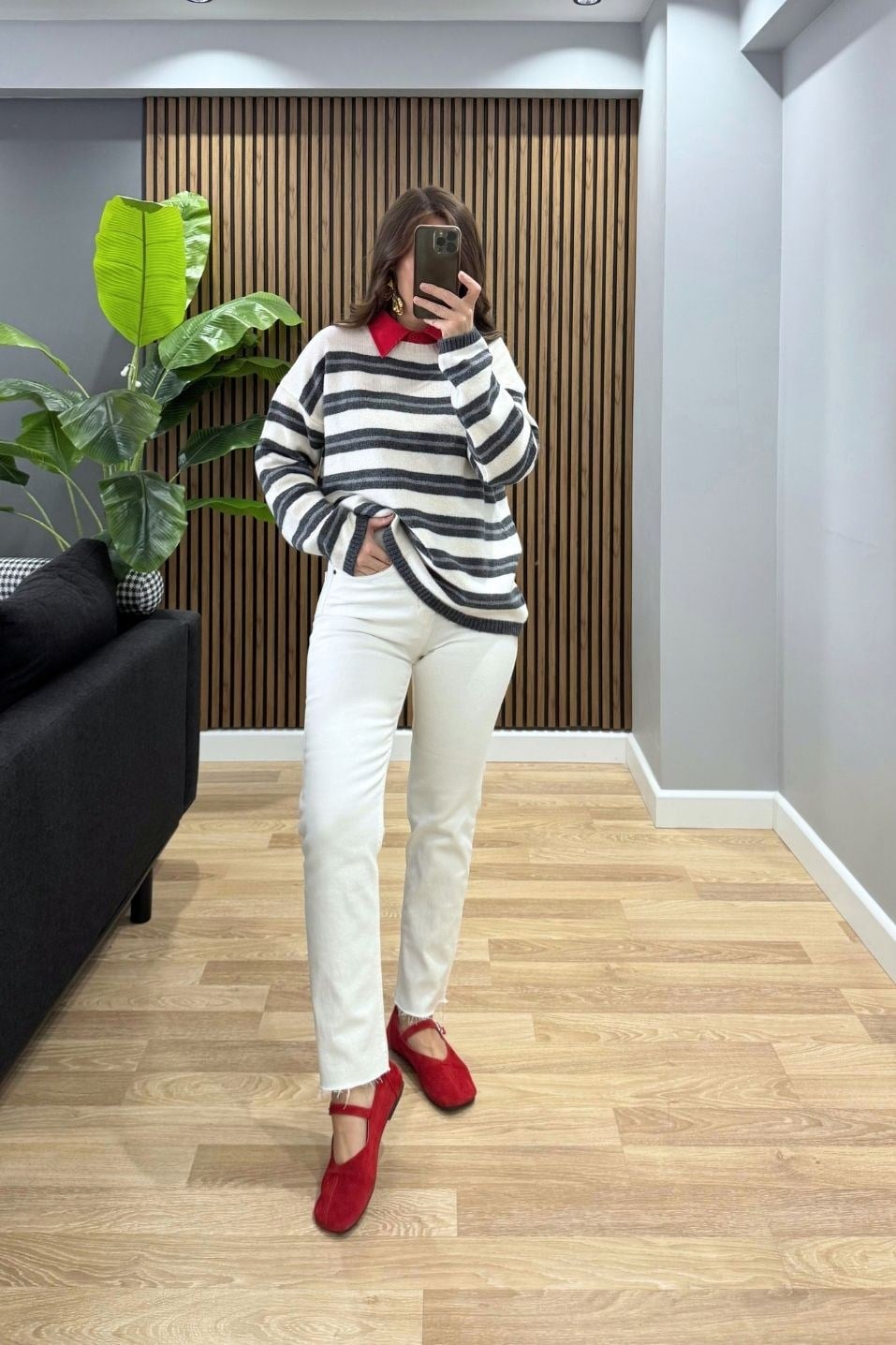 Mila Çizgili Oversize Triko Kazak Krem-Antrasit