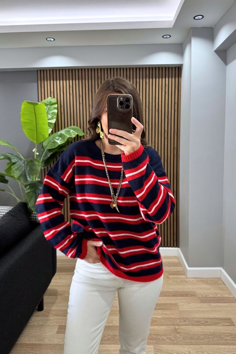 Mila Çizgili Oversize Triko Kazak Lacivert-Kırmızı