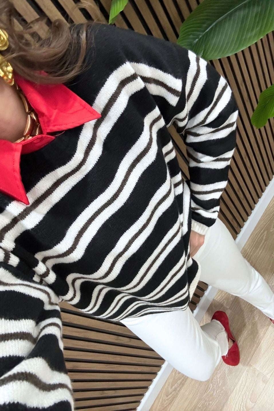 Mila Çizgili Oversize Triko Kazak Siyah-Krem