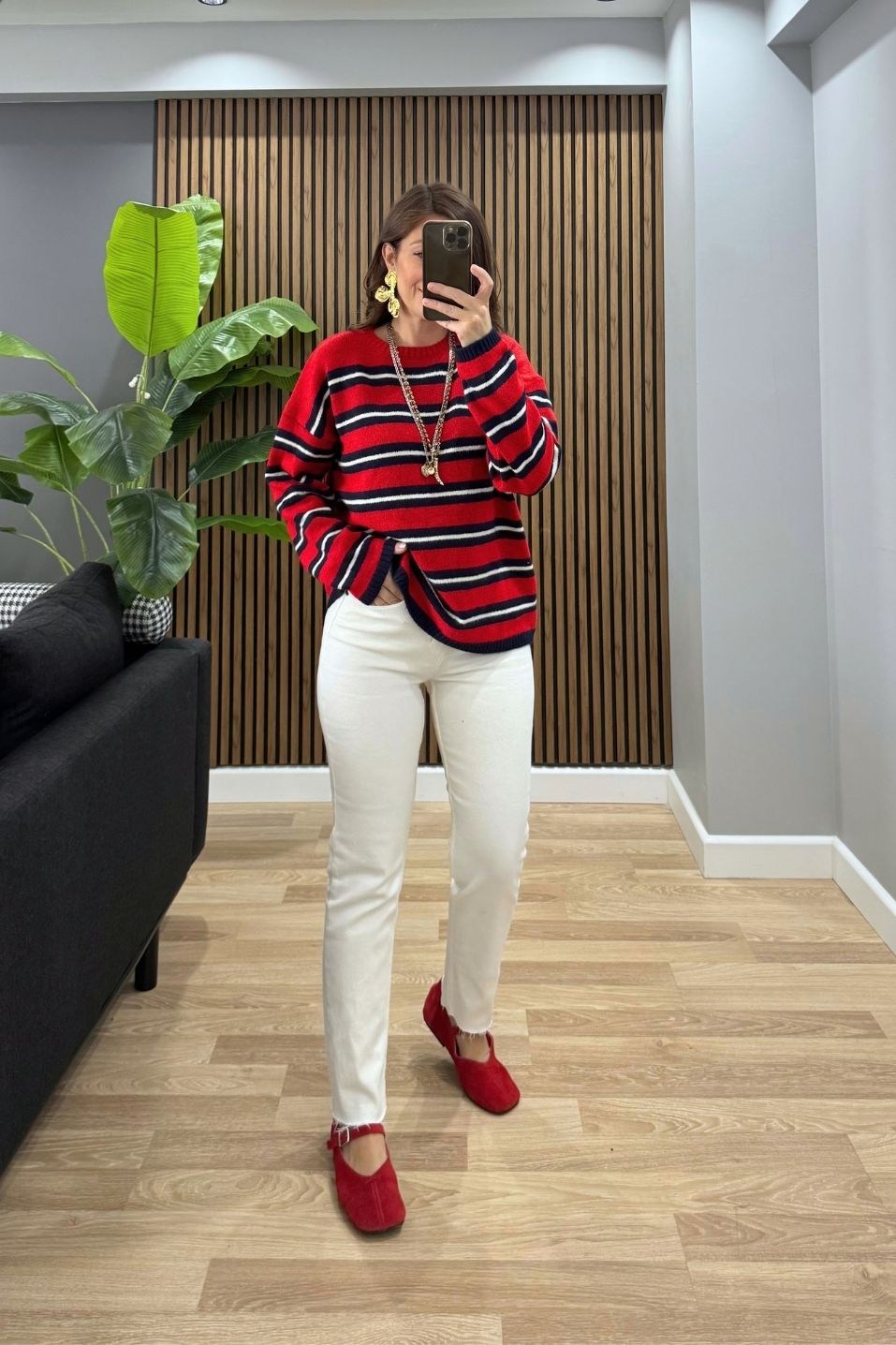 Mila Çizgili Oversize Triko Kazak Kırmızı-Lacivert