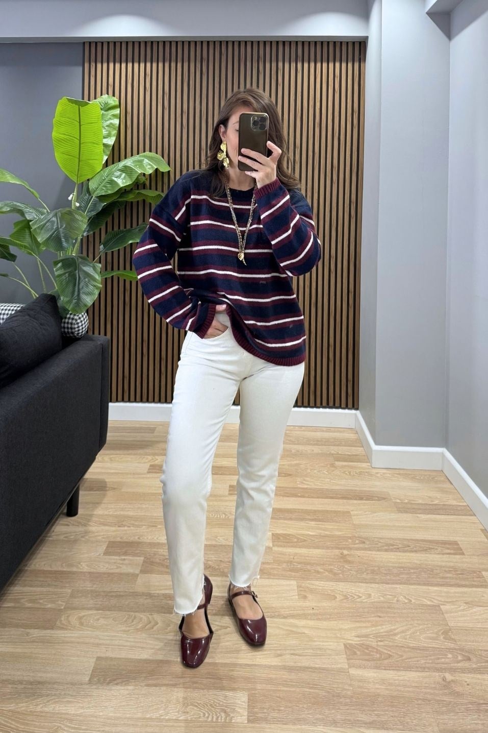 Mila Çizgili Oversize Triko Kazak Lacivert-Bordo